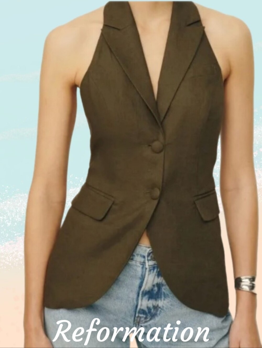 Reformation Brennan Linen Vest Top Sz 8 Olive Green Halter Sleeveless Lined